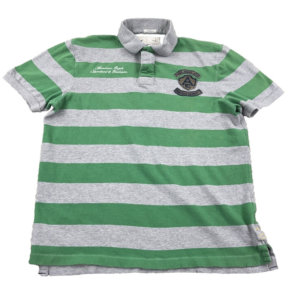 Vintage American Eagle Rugby Polo Shirt Men XL Green Gray Striped Patch Y2K 00s
